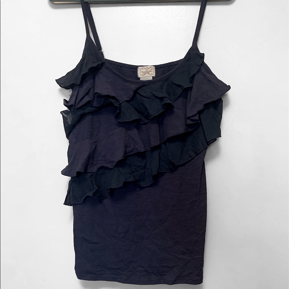 Navy blue tank with ruffle detail.